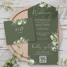 Olive Green Floral QR Code Monogram Weddenschap All In One Uitnodiging