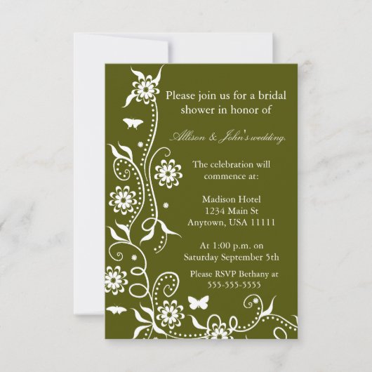 Olive Green Floral Swirl Bridal Shower Kaart (Voorkant)