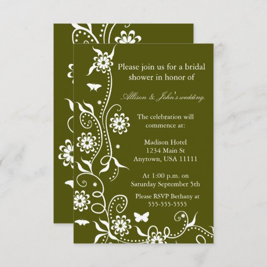 Olive Green Floral Swirl Bridal Shower Kaart (Voorkant / Achterkant)