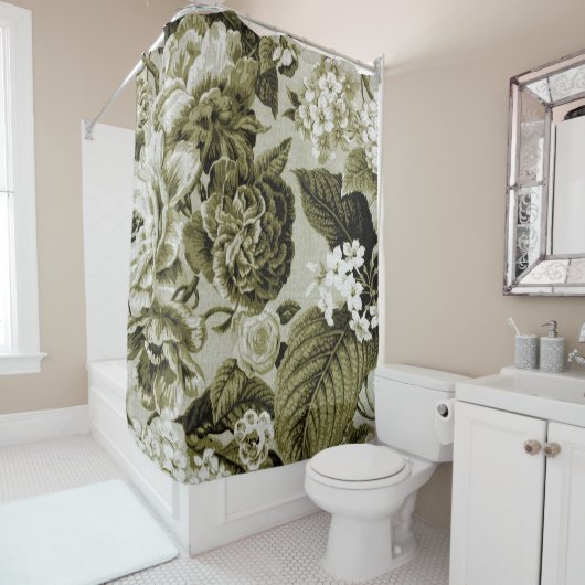 Olive Green  Floral Toile No.1 Douchegordijn (In situ)