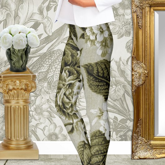 Olive Green  Floral Toile No.1 Leggings