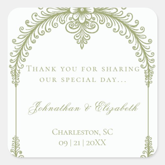 Olive Green French Flourish Arch Wedding Favor Vierkante Sticker (Voorkant)
