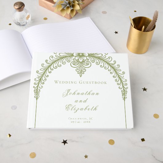 Olive Green French Flourish Arch Wedding Gastenboek (Voorkant open)