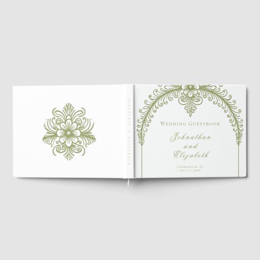 Olive Green French Flourish Arch Wedding Gastenboek (Volledig)