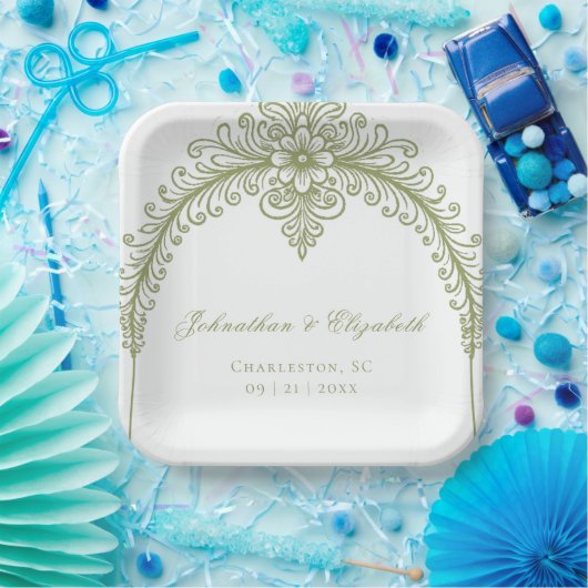 Olive Green French Flourish Arch Wedding Papieren Bordje (Feest)