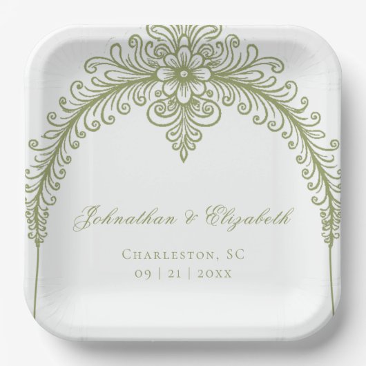 Olive Green French Flourish Arch Wedding Papieren Bordje (Voorkant)