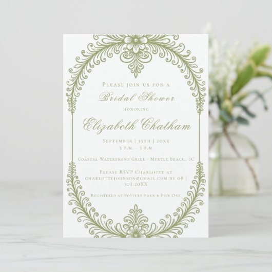 Olive Green French Flourish Frame Bridal Shower Kaart (Staand voorkant)