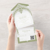 Olive Green French Flourish Frame Wedding All In One Uitnodiging (Afscheurbaar)