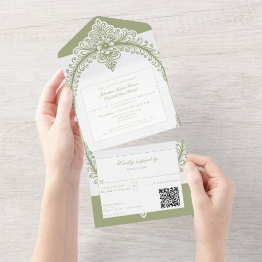 Olive Green French Flourish Frame Wedding All In One Uitnodiging (Afscheurbaar)