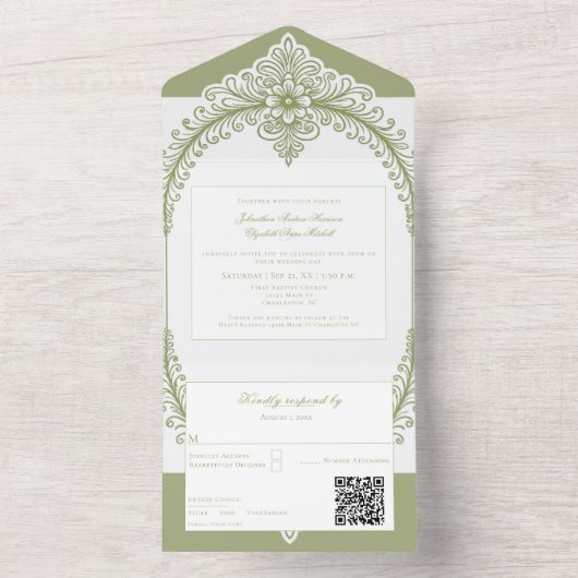 Olive Green French Flourish Frame Wedding All In One Uitnodiging (Binnen)