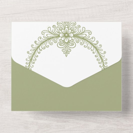 Olive Green French Flourish Frame Wedding All In One Uitnodiging (Achterkant)