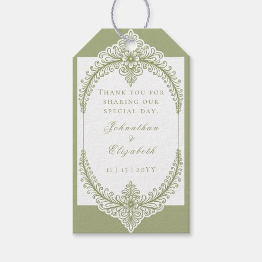 Olive Green French Flourish Frame Wedding Favor Cadeaulabel (Voorkant)