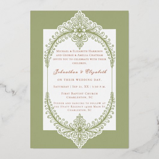 Olive Green French Flourish Frame Wedding Folie Uitnodiging (Voorkant)