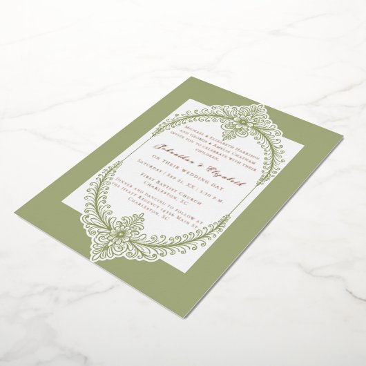 Olive Green French Flourish Frame Wedding Folie Uitnodiging (Gedraaid)