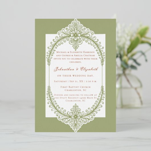 Olive Green French Flourish Frame Wedding Folie Uitnodiging (Staand Voorkant)