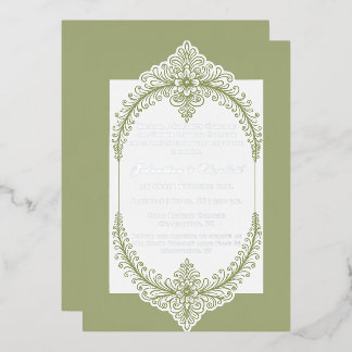 Olive Green French Flourish Frame Wedding Folie Uitnodiging