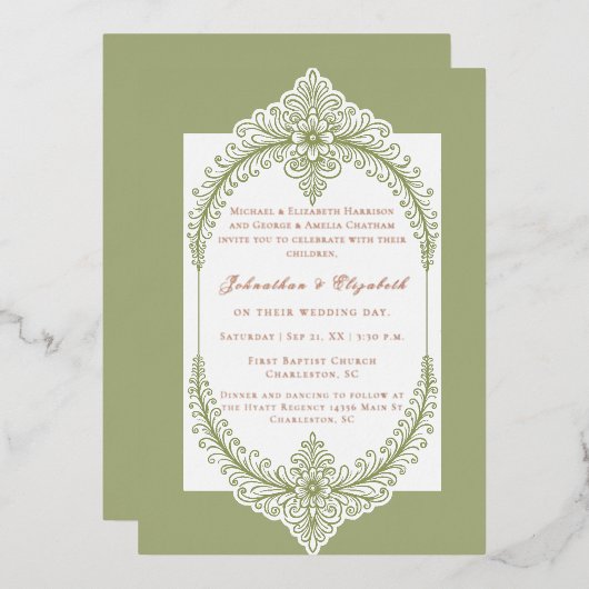 Olive Green French Flourish Frame Wedding Folie Uitnodiging (Voorkant / Achterkant)