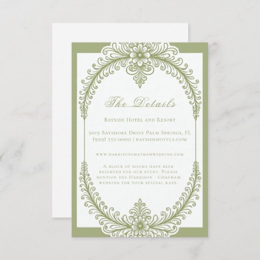 Olive Green French Flourish Frame Wedding Informatiekaartje (Voorkant / Achterkant)