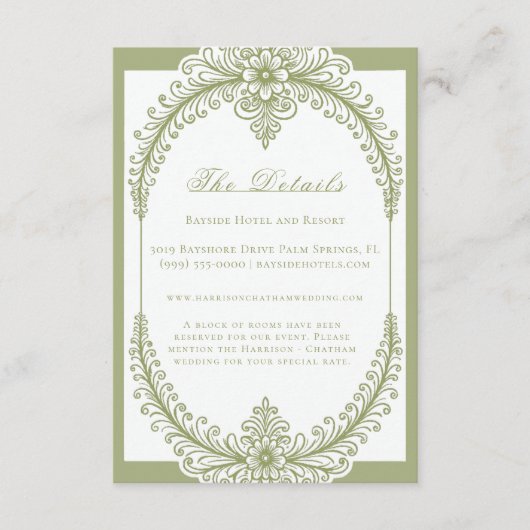 Olive Green French Flourish Frame Wedding Informatiekaartje (Voorkant)
