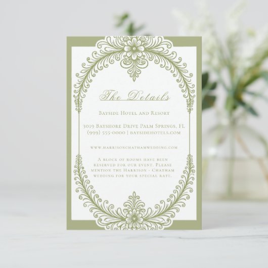 Olive Green French Flourish Frame Wedding Informatiekaartje (Staand voorkant)