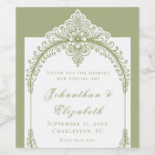 Olive Green French Flourish Frame Wedding Wijn Etiket (Enkel label)