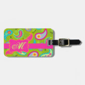 Olive Green Fuchsia Pink Modern Paisley Monogram Bagagelabel (Voorkant horizontaal)