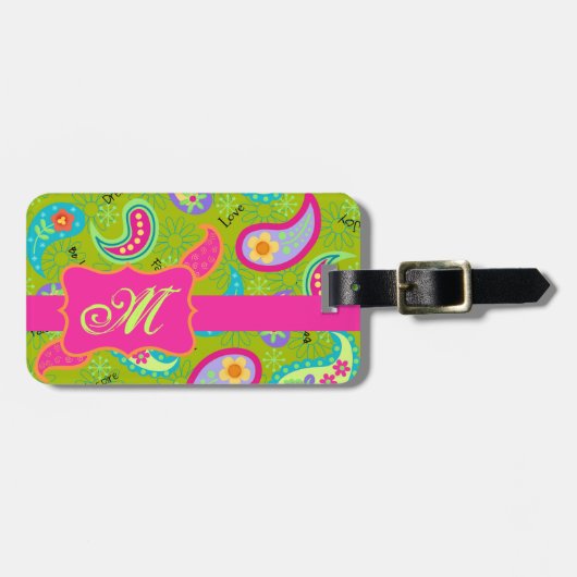 Olive Green Fuchsia Pink Modern Paisley Monogram Bagagelabel (Voorkant horizontaal)