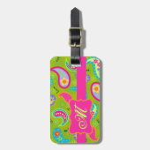 Olive Green Fuchsia Pink Modern Paisley Monogram Bagagelabel (Voorkant verticaal)