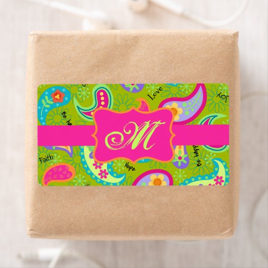 Olive Green Fuchsia Pink Modern Paisley Monogram Etiket (Insitu)