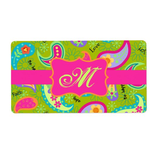 Olive Green Fuchsia Pink Modern Paisley Monogram Etiket (Voorkant)