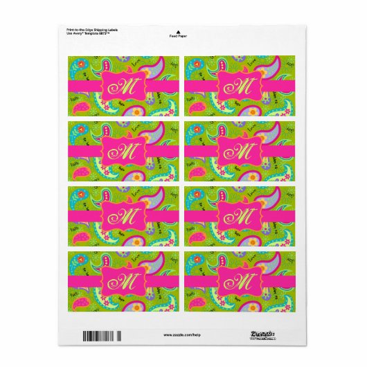 Olive Green Fuchsia Pink Modern Paisley Monogram Etiket (Full Sheet)