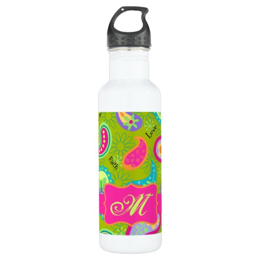 Olive Green Fuchsia Pink Modern Paisley Monogram Waterfles (Voorkant)