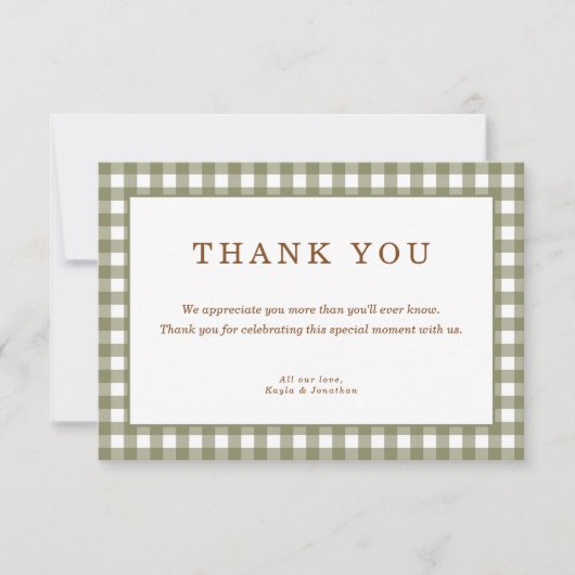 Olive Green Gingham Baby shower Bedankkaart (Voorkant)