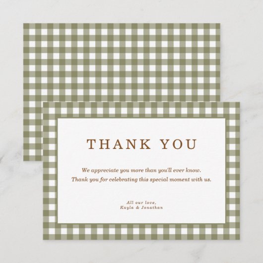 Olive Green Gingham Baby shower Bedankkaart (Voorkant / Achterkant)