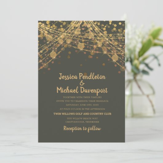 Olive Green Glitter String Lights Wedding Kaart (Staand voorkant)