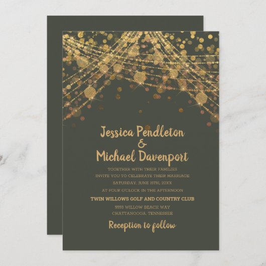 Olive Green Glitter String Lights Wedding Kaart (Voorkant / Achterkant)