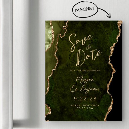 Olive Green Gold Agaat Magnetische Save the Date