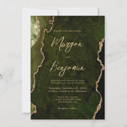 Olive Green Gold Agaat Script QR Code Wedding Kaart (Voorkant)