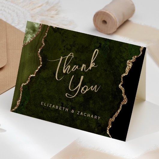 Olive Green Gold Agaat Script Wedding Bedankt Kaart