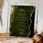Olive Green Gold Agaat Trouwtafel Menu Poster<br><div class="desc">De linkerrand van dit elegante moderne trouwmenubord heeft een olijfgroene waterverf agaatrand met faux gold glitter. Het woord "Menu" verschijnt in goudkleurig handschrift. Personaliseer de resterende tekst met de namen van het paar,  de trouwdatum en de menudetails.</div>
