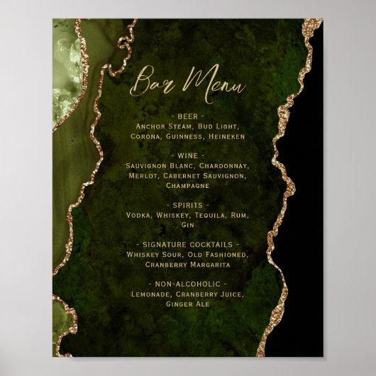 Olive Green Gold Agate Script Wedding Bar Menu  Poster (Voorkant)
