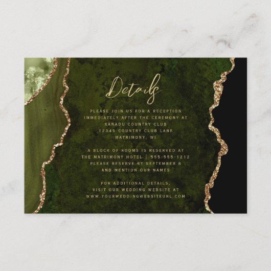 Olive Green Gold Agate Script Wedding Details Informatiekaartje (Voorkant)