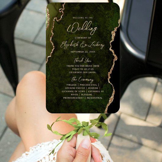 Olive Green Gold Agate Script Wedding Program Handwaaier