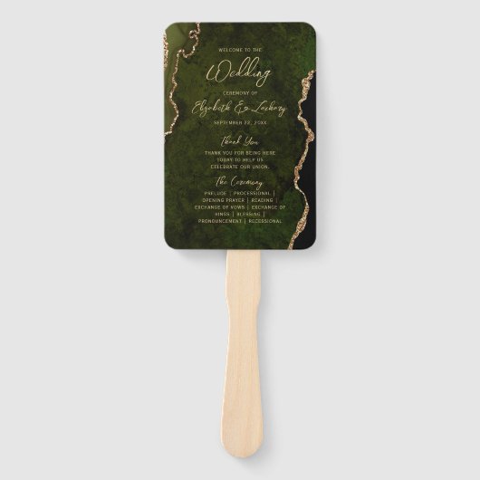 Olive Green Gold Agate Script Wedding Program Handwaaier (Voorkant)