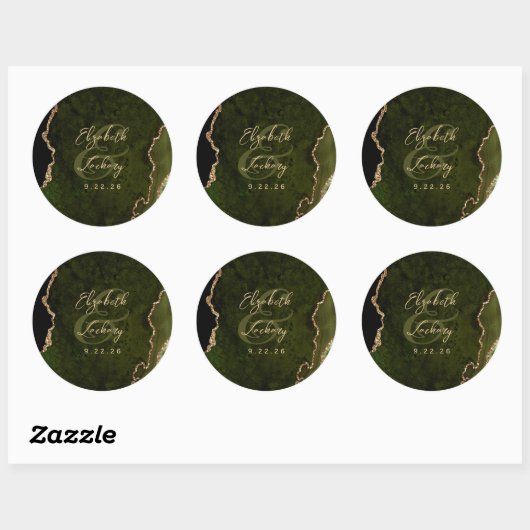 Olive Green Gold Agate Script Wedding Ronde Sticker (Vel)