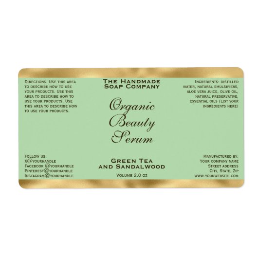 Olive Green & Gold Cosmetics Dropper Bottle Label (Voorkant)