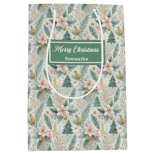 Olive Green Gold Gift Bag Luxury Holiday Christmas Medium Cadeauzakje (Voorkant)