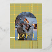 Olive Green & Gold Gingham Kerstvakantie Foto Folie Feestdagenkaart (Voorkant)