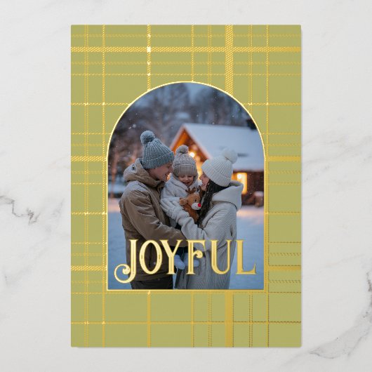 Olive Green & Gold Gingham Kerstvakantie Foto Folie Feestdagenkaart (Voorkant)