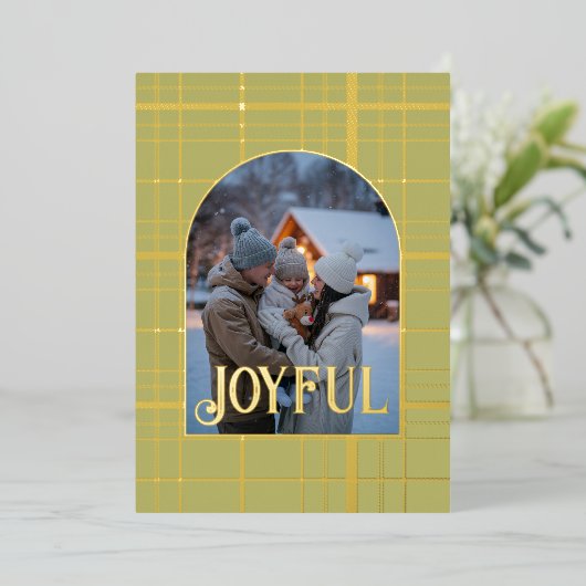 Olive Green & Gold Gingham Kerstvakantie Foto Folie Feestdagenkaart (Staand Voorkant)